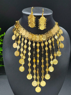 Luxury Gold Coins Tassels Women Jewelry Set 2pcs Necklace Earrings